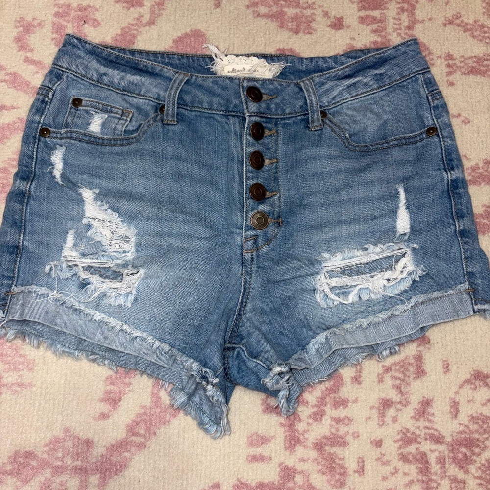 Altar’d State High Rise Distressed Button-Fly Light Blue Denim Jean Shorts